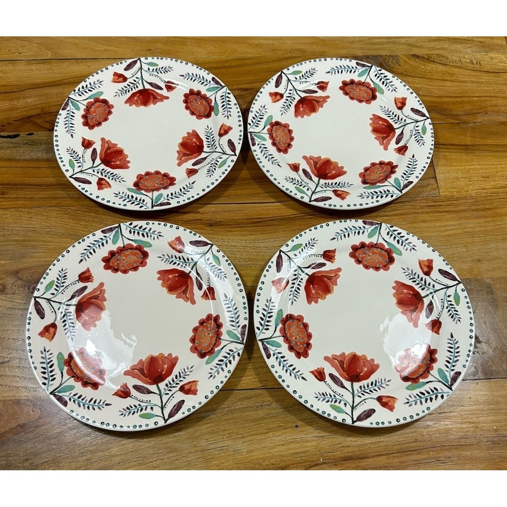 Set of 4 Pier 1 AYANA Red Boho Flowers Poppies/Peonies 11" Dinner Plates VGUC